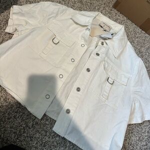 Industry White Boxy Cropped Short Sleeve Snap Front Utility Poplin Shirt M NWD